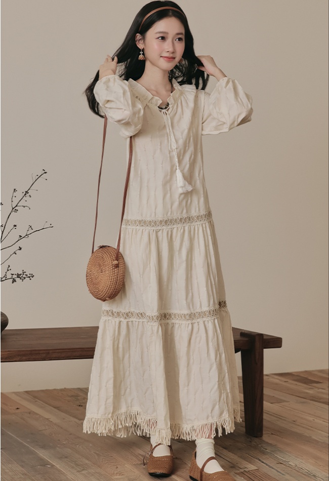 Retro art apricot long sleeve frenum dress