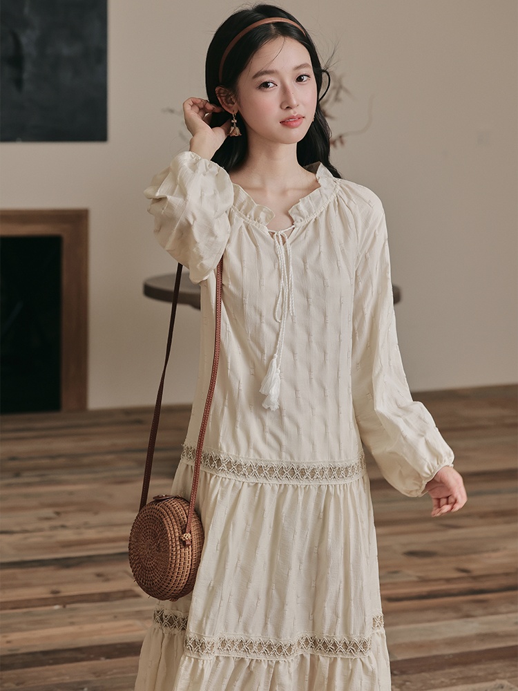 Retro art apricot long sleeve frenum dress