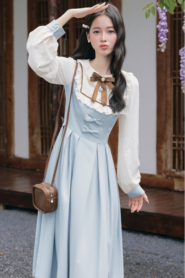 Sweet long sleeve show young court style dress