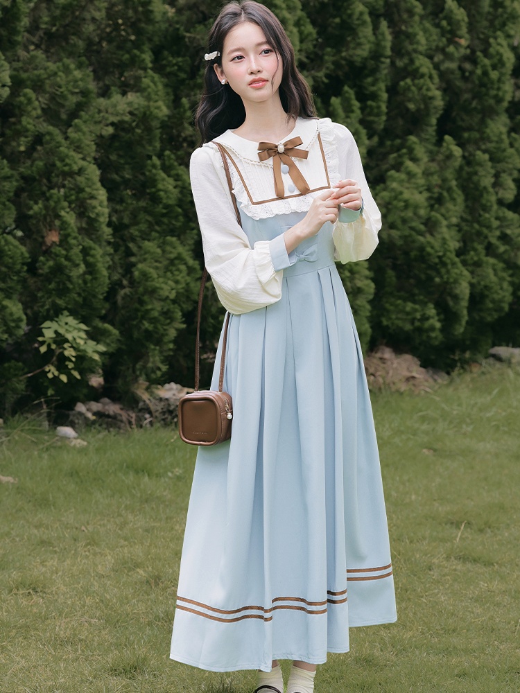 Sweet long sleeve show young court style dress