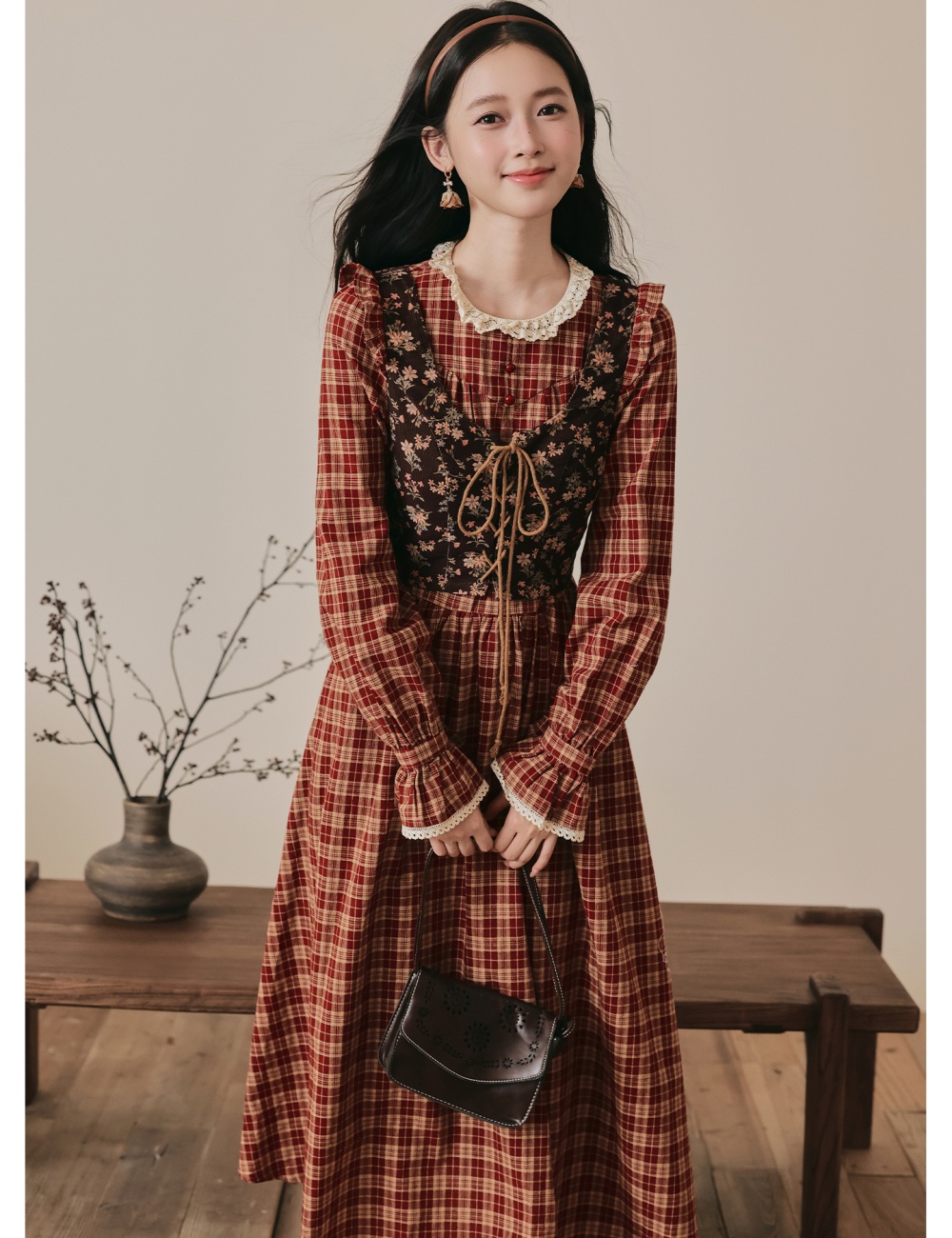 Pseudo-two countryside retro court style slim dress