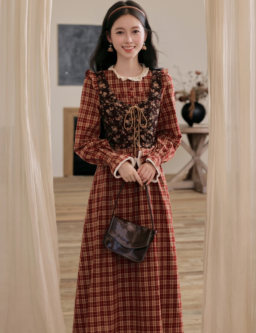 Pseudo-two countryside retro court style slim dress