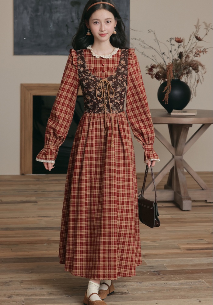 Pseudo-two countryside retro court style slim dress