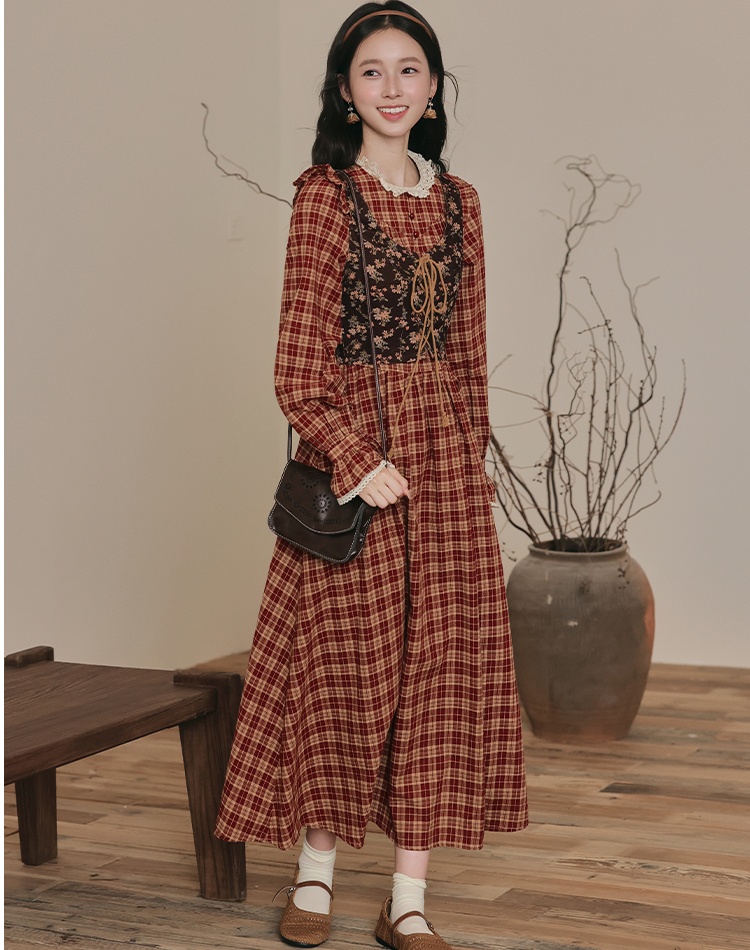 Pseudo-two countryside retro court style slim dress