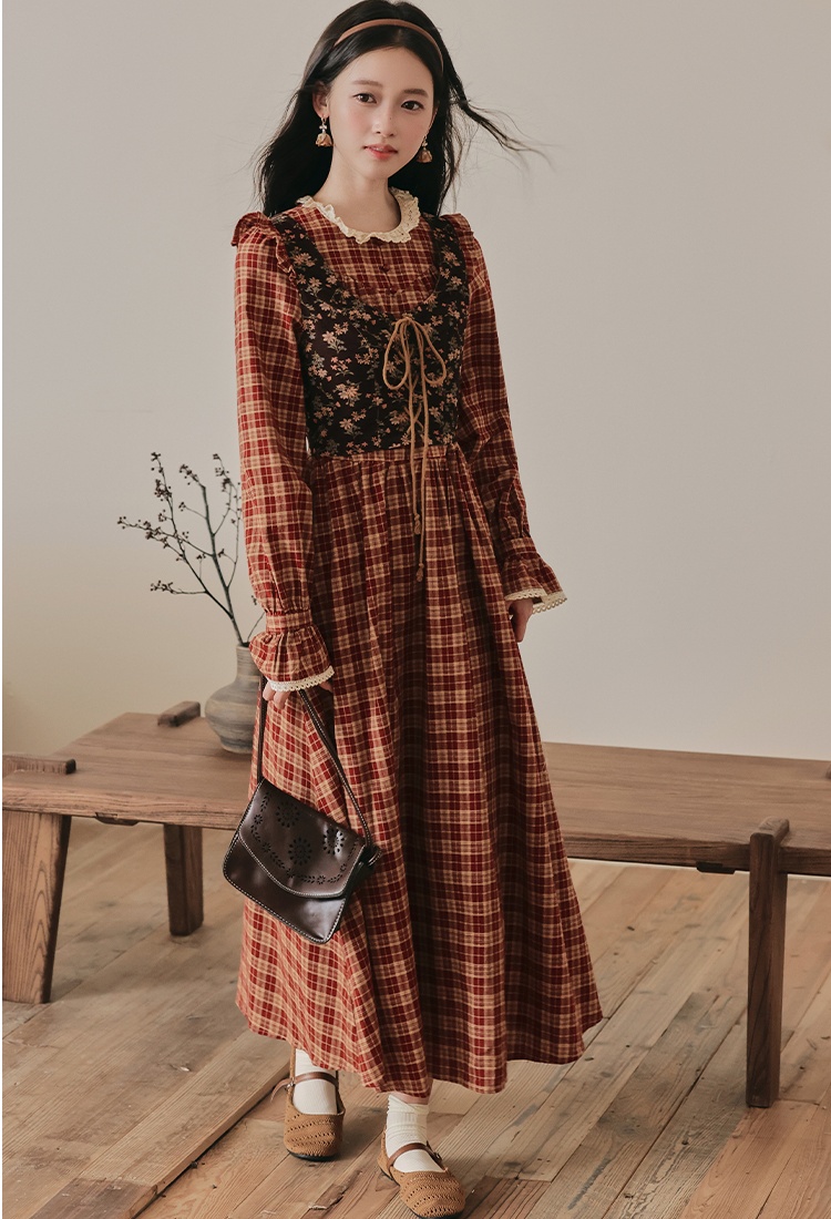 Pseudo-two countryside retro court style slim dress