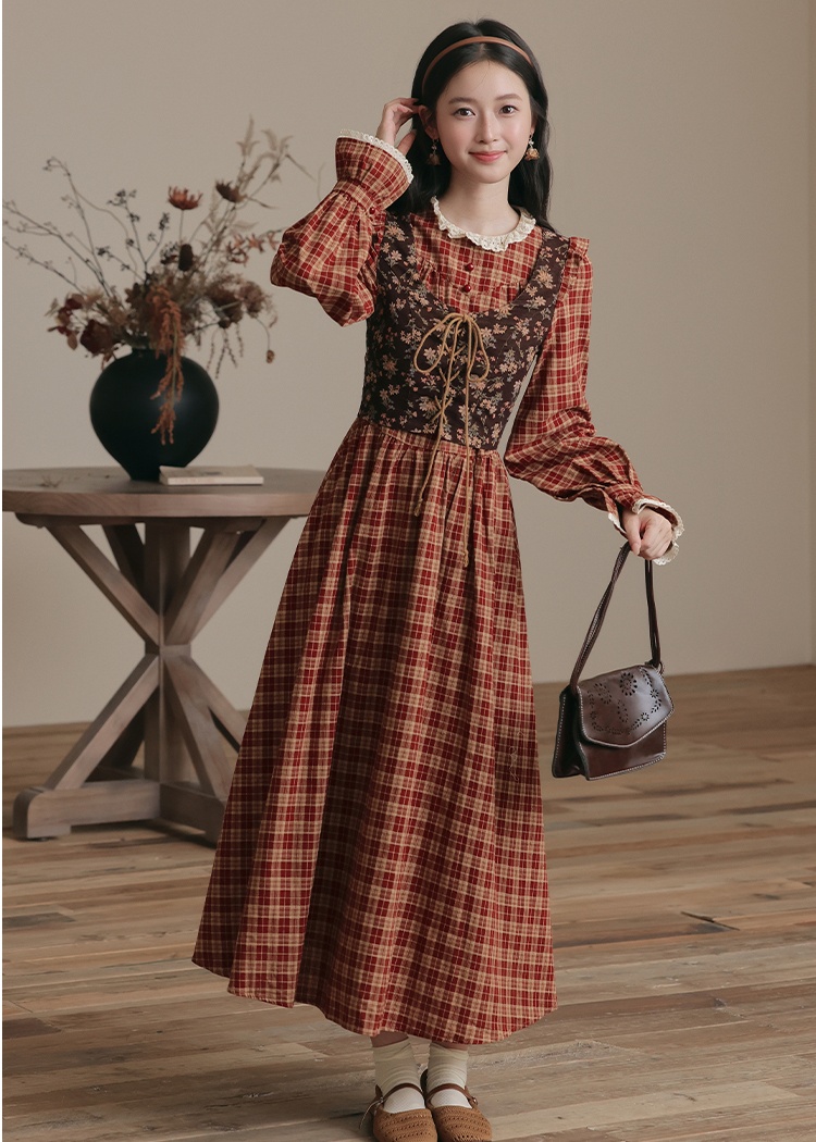 Pseudo-two countryside retro court style slim dress