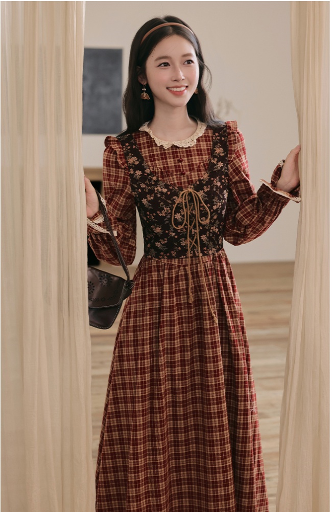 Pseudo-two countryside retro court style slim dress