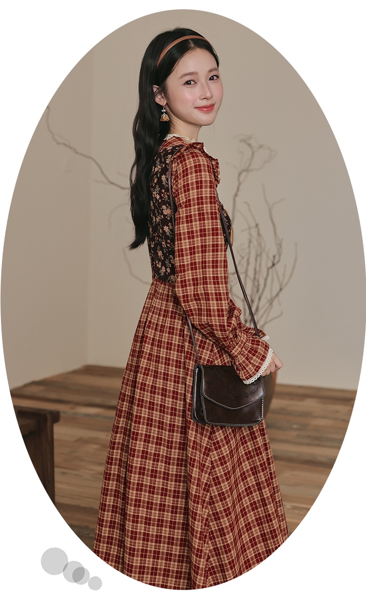 Pseudo-two countryside retro court style slim dress