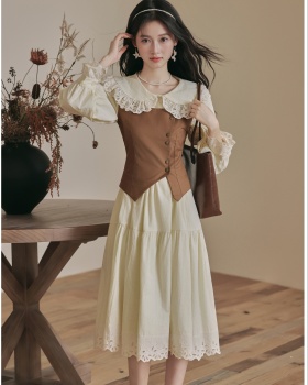 Retro pinched waist dress doll collar waistcoat 2pcs set
