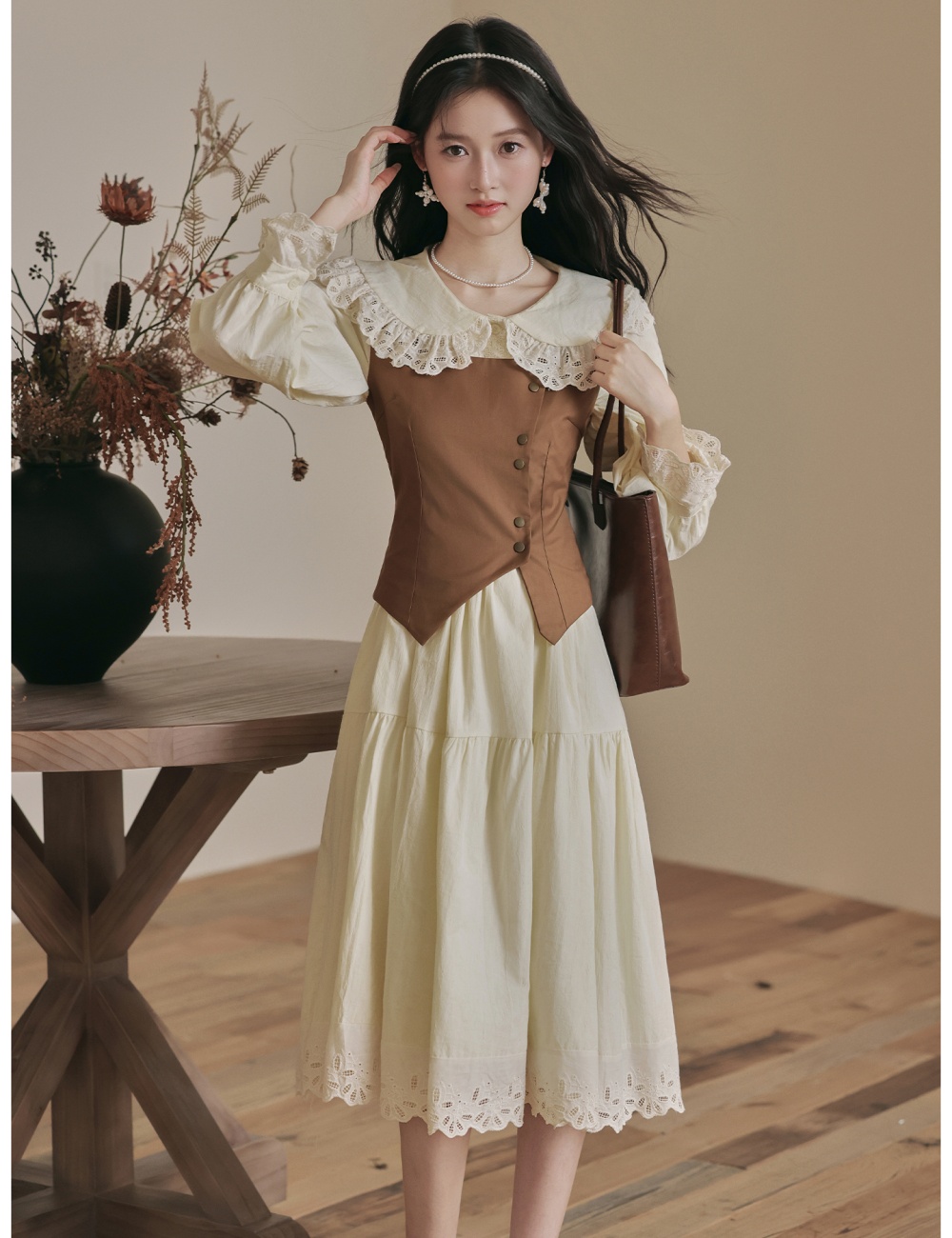 Retro pinched waist dress doll collar waistcoat 2pcs set