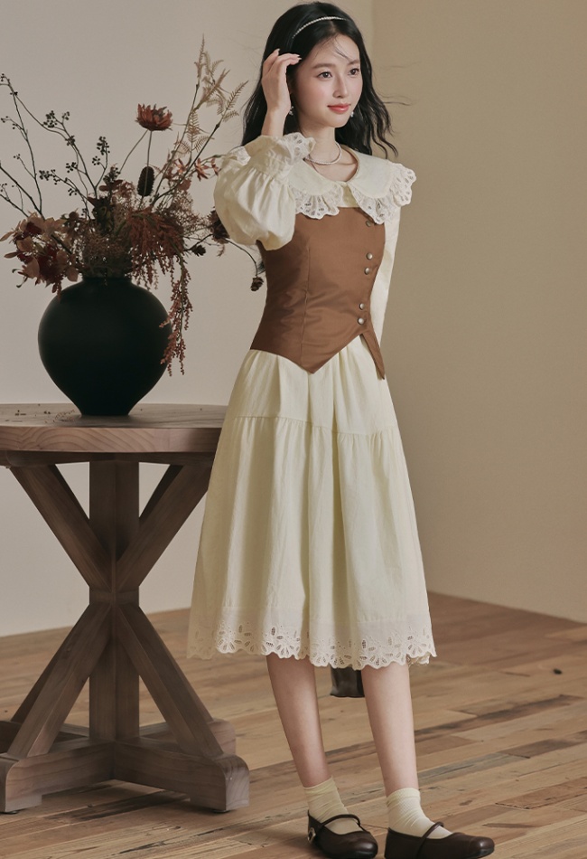 Retro pinched waist dress doll collar waistcoat 2pcs set