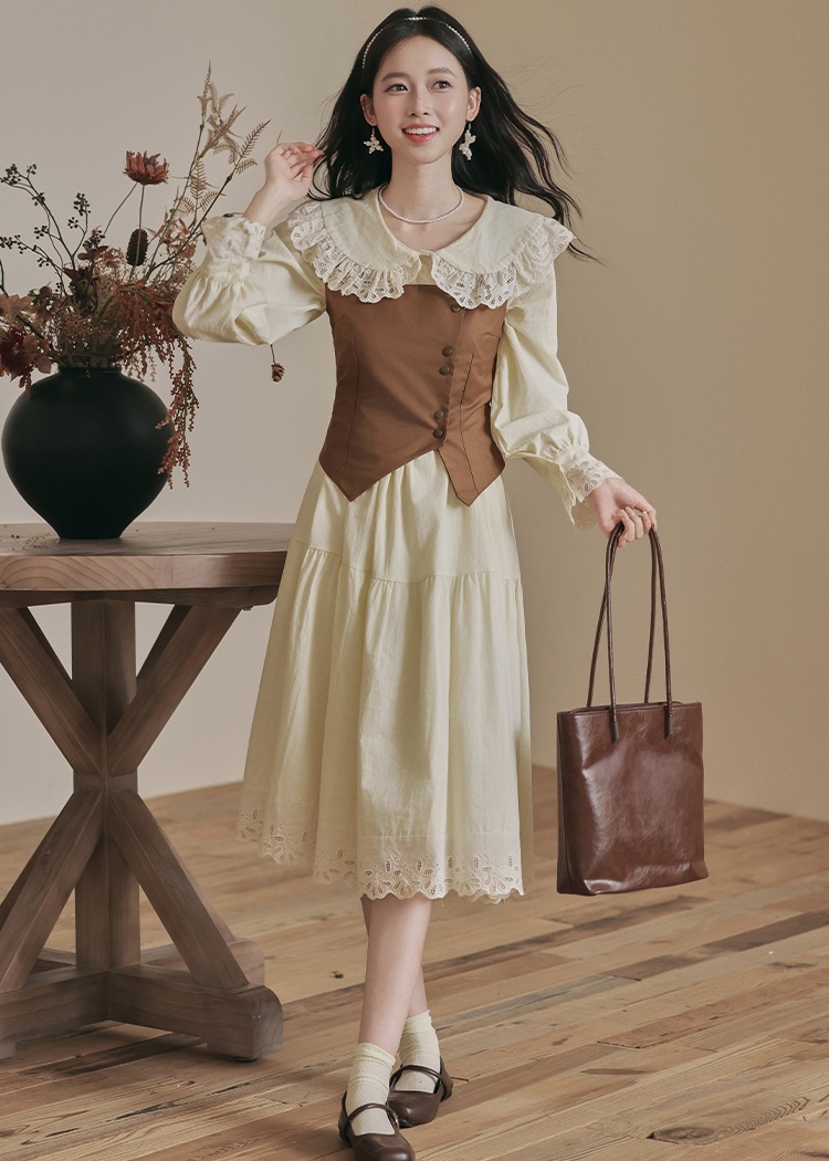 Retro pinched waist dress doll collar waistcoat 2pcs set