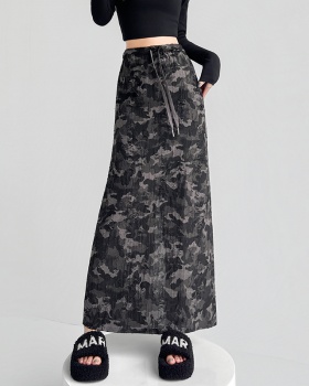 Split high waist skirt drawstring long skirt for women