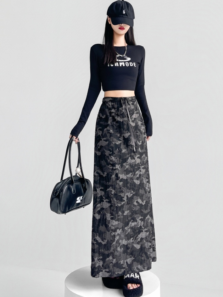 Split high waist skirt drawstring long skirt for women