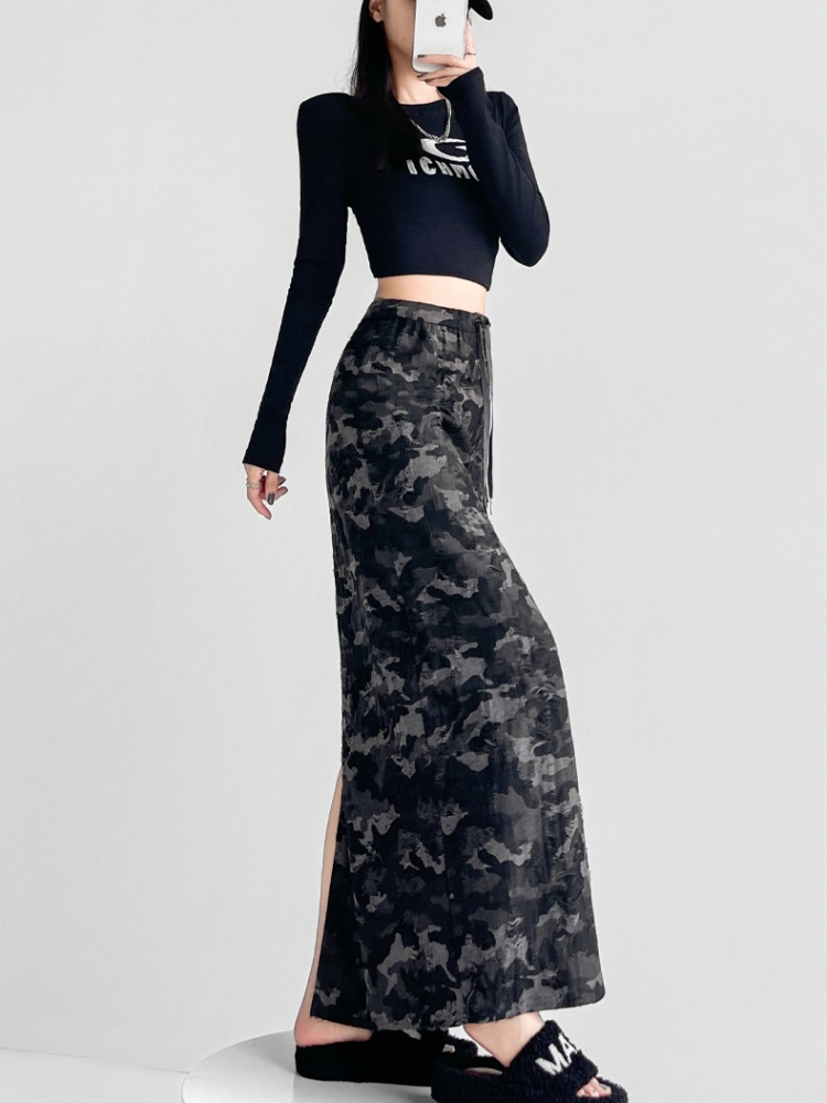Split high waist skirt drawstring long skirt for women