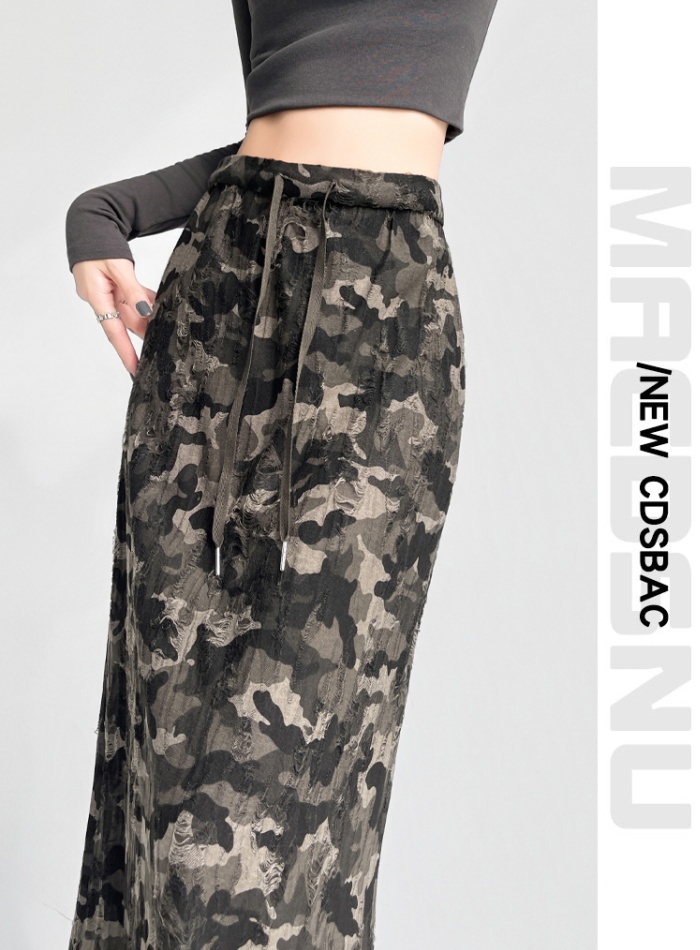 Split high waist skirt drawstring long skirt for women