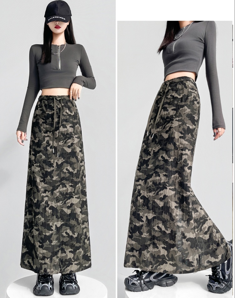Split high waist skirt drawstring long skirt for women