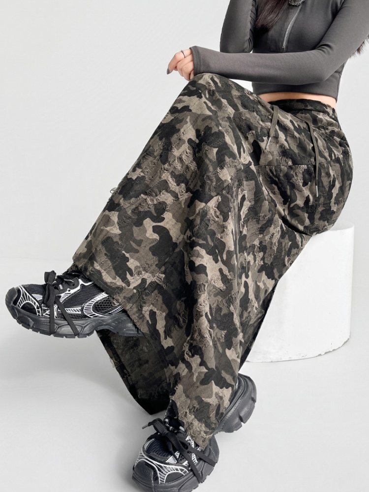 Split high waist skirt drawstring long skirt for women