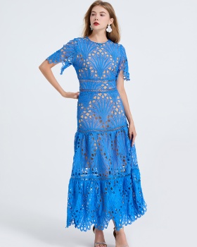 Big skirt high waist short sleeve hollow splice dress