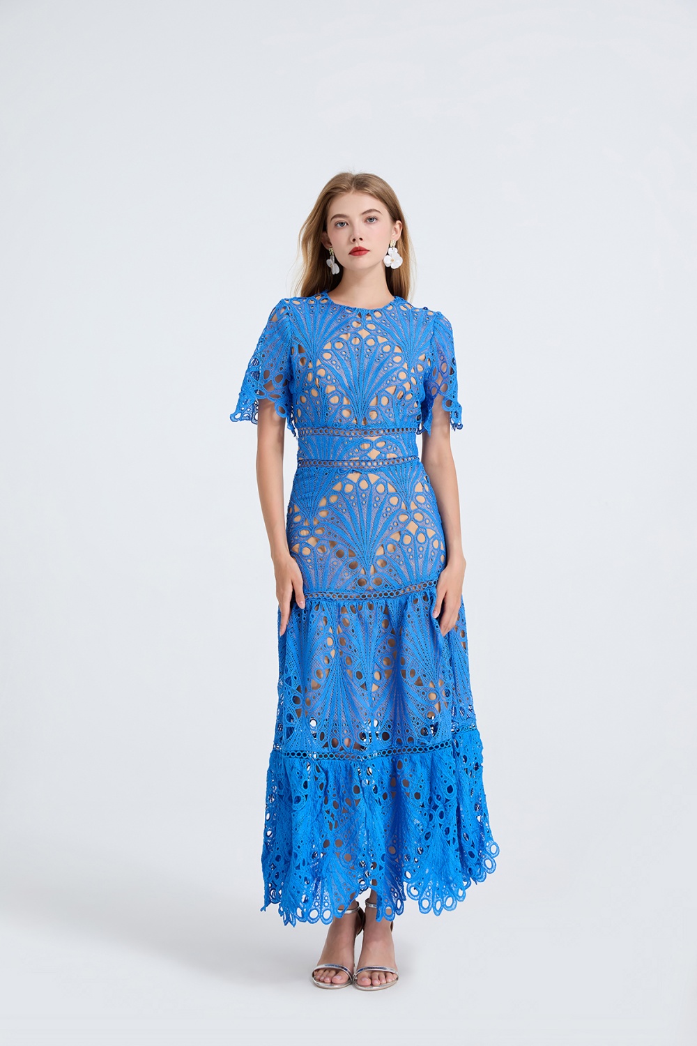 Big skirt high waist short sleeve hollow splice dress