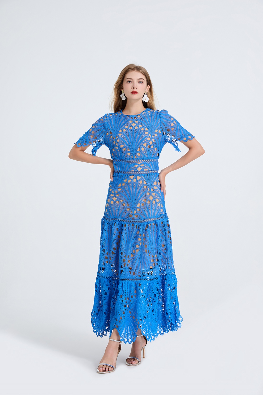 Big skirt high waist short sleeve hollow splice dress