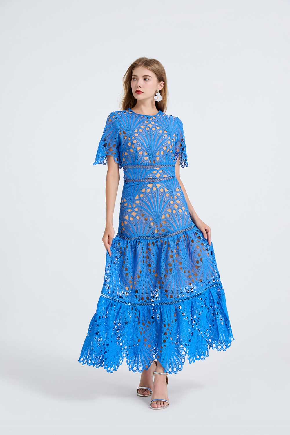 Big skirt high waist short sleeve hollow splice dress
