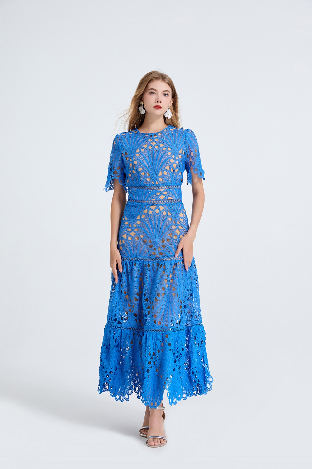 Big skirt high waist short sleeve hollow splice dress