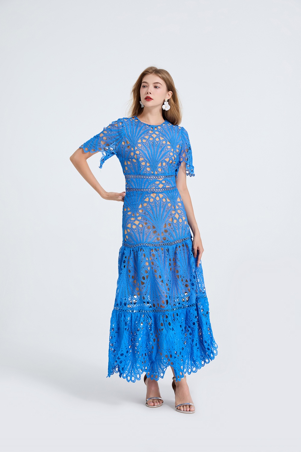 Big skirt high waist short sleeve hollow splice dress