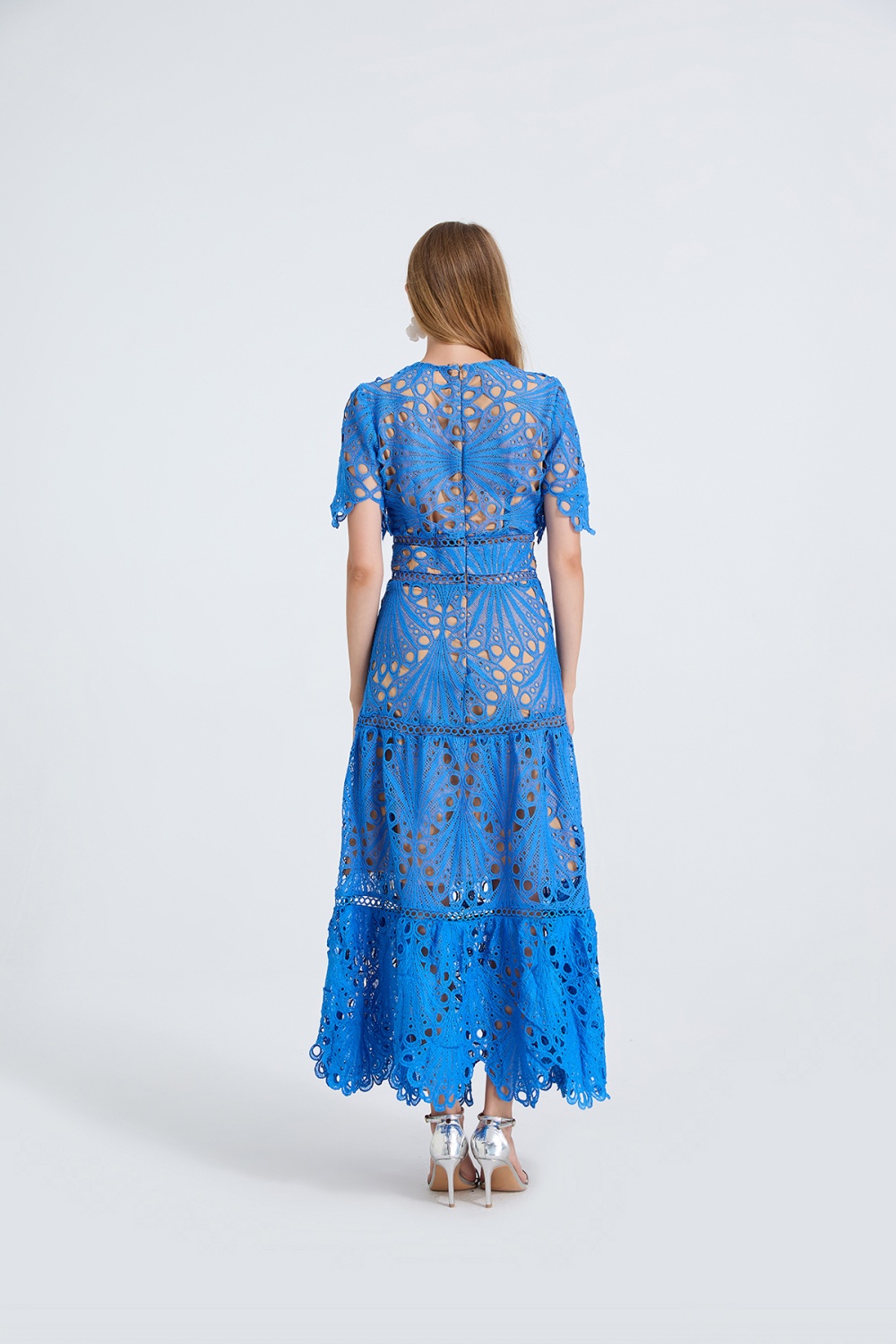 Big skirt high waist short sleeve hollow splice dress