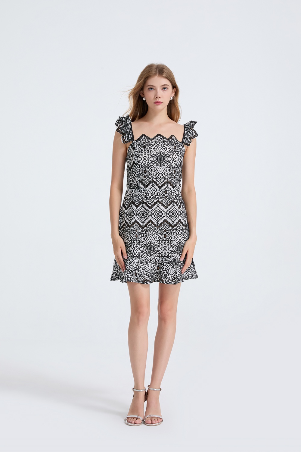 High waist embroidery boats sleeve slim sling hollow dress