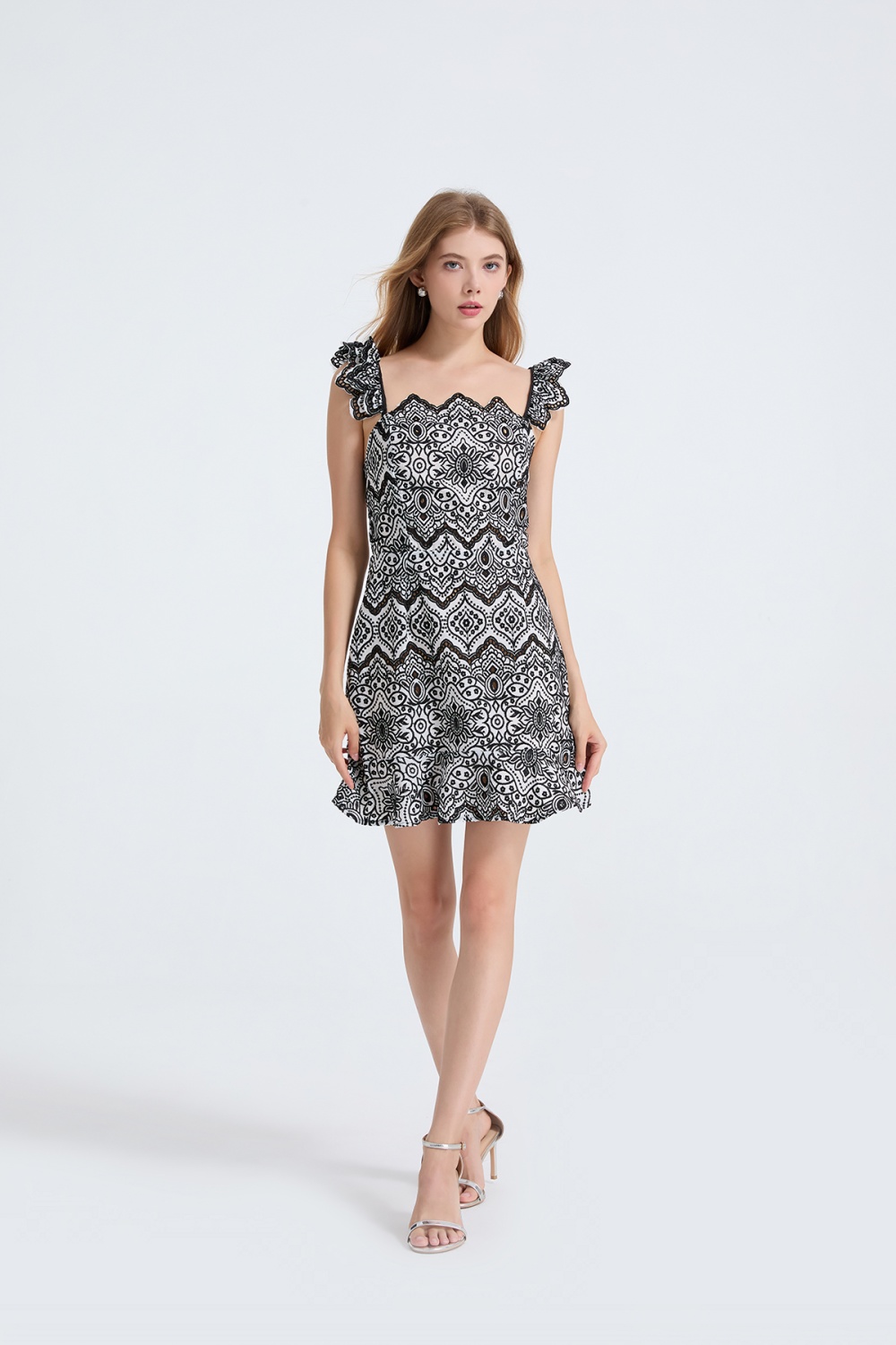 High waist embroidery boats sleeve slim sling hollow dress