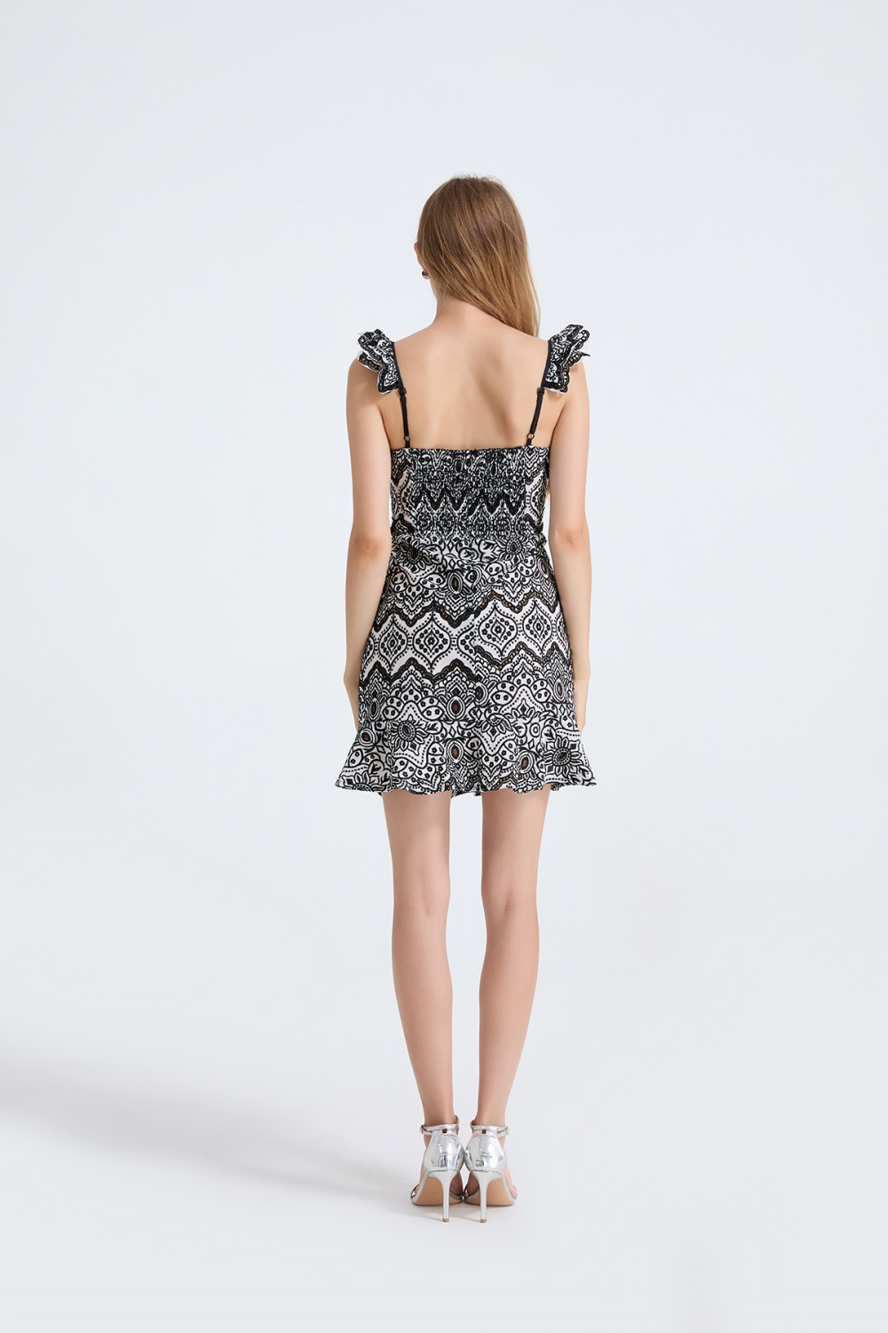 High waist embroidery boats sleeve slim sling hollow dress