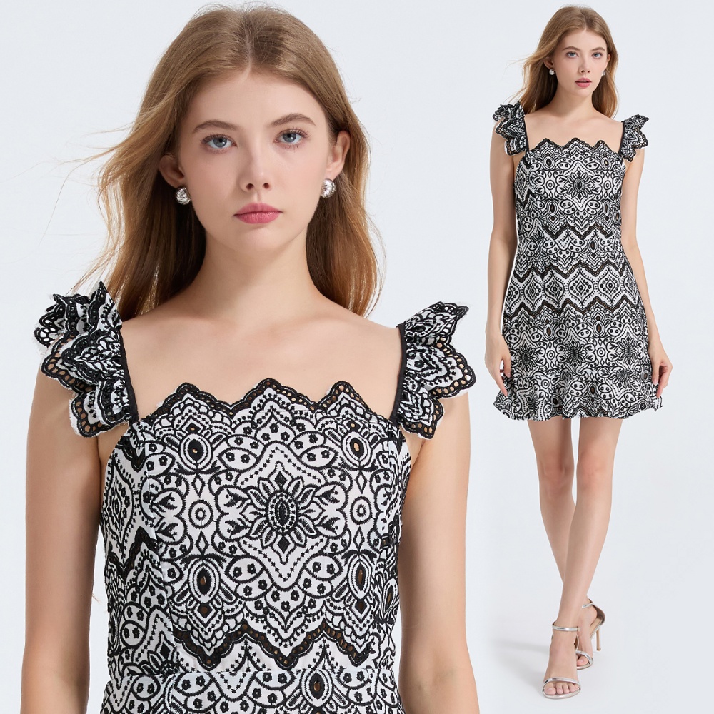 High waist embroidery boats sleeve slim sling hollow dress