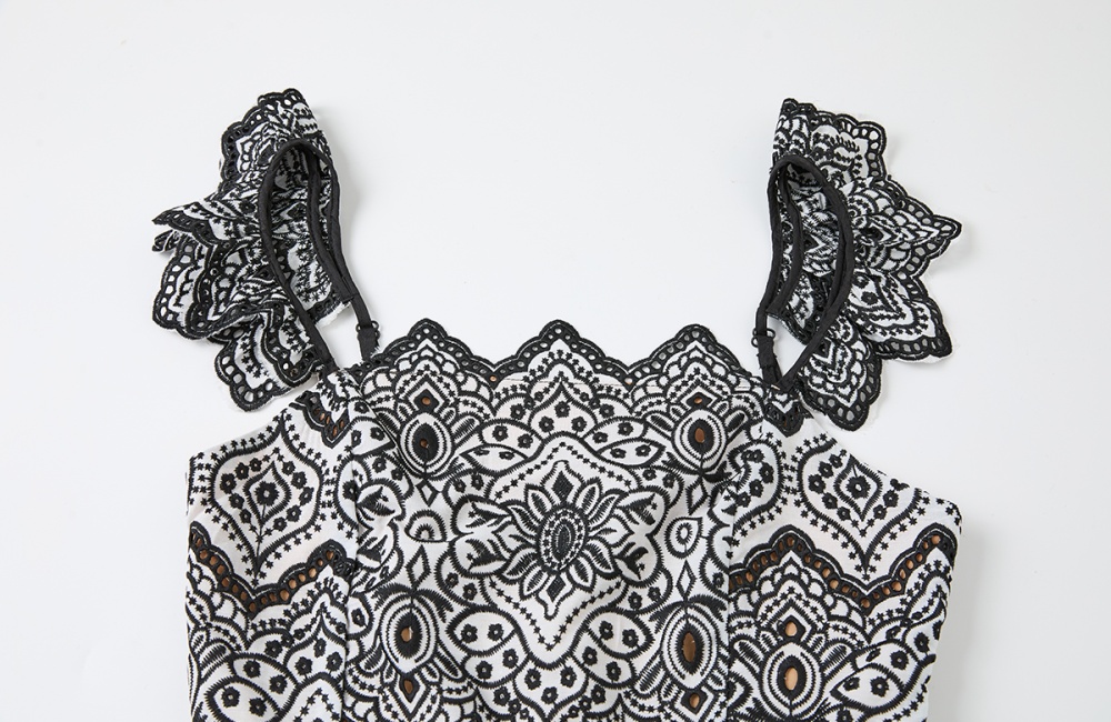 High waist embroidery boats sleeve slim sling hollow dress