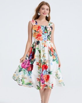 Slim high waist sling flowers square collar A-line dress