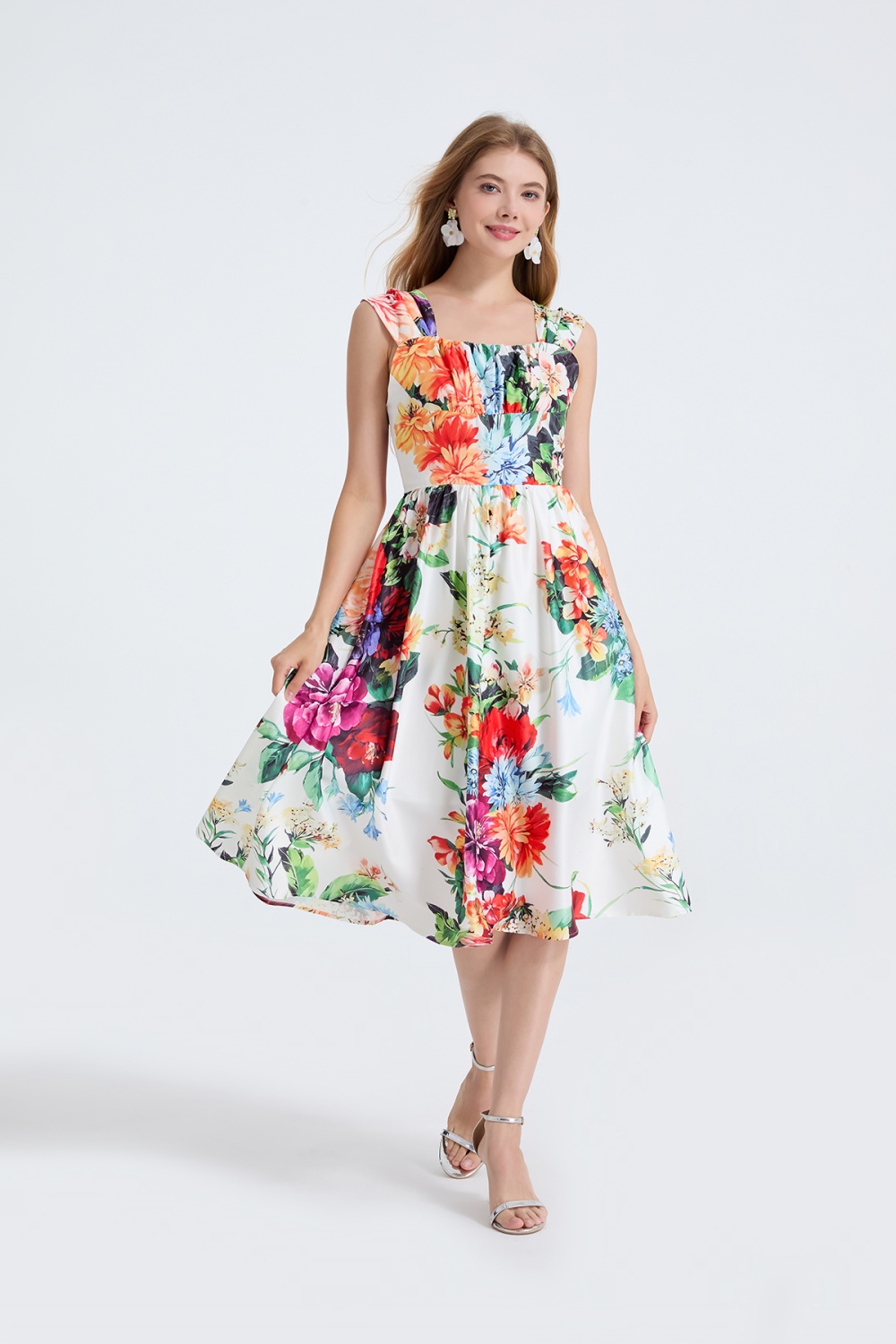 Slim high waist sling flowers square collar A-line dress