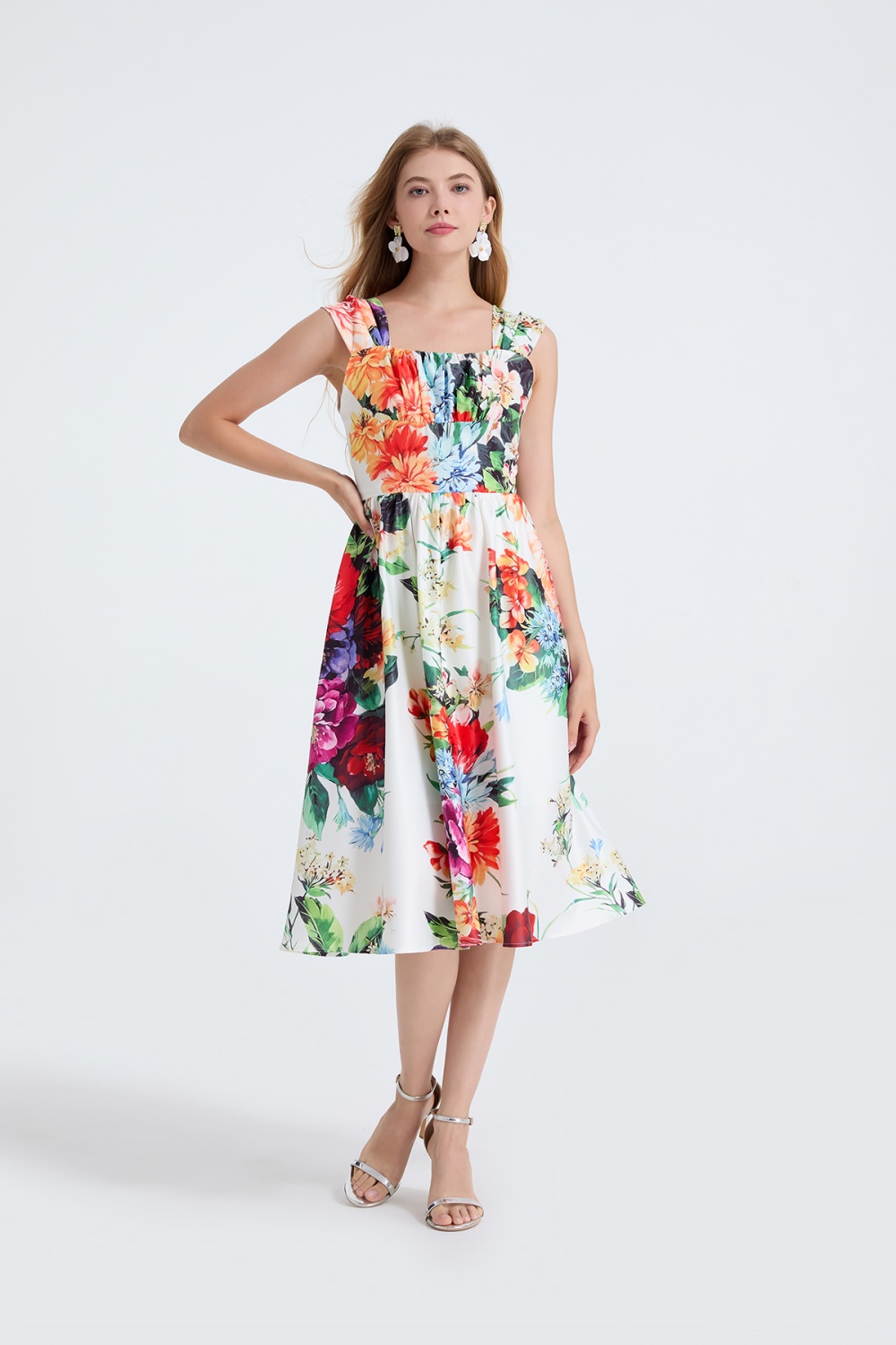 Slim high waist sling flowers square collar A-line dress