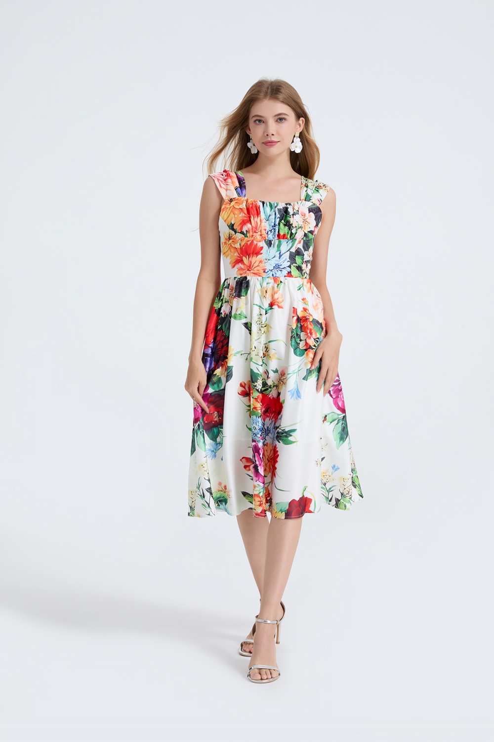 Slim high waist sling flowers square collar A-line dress