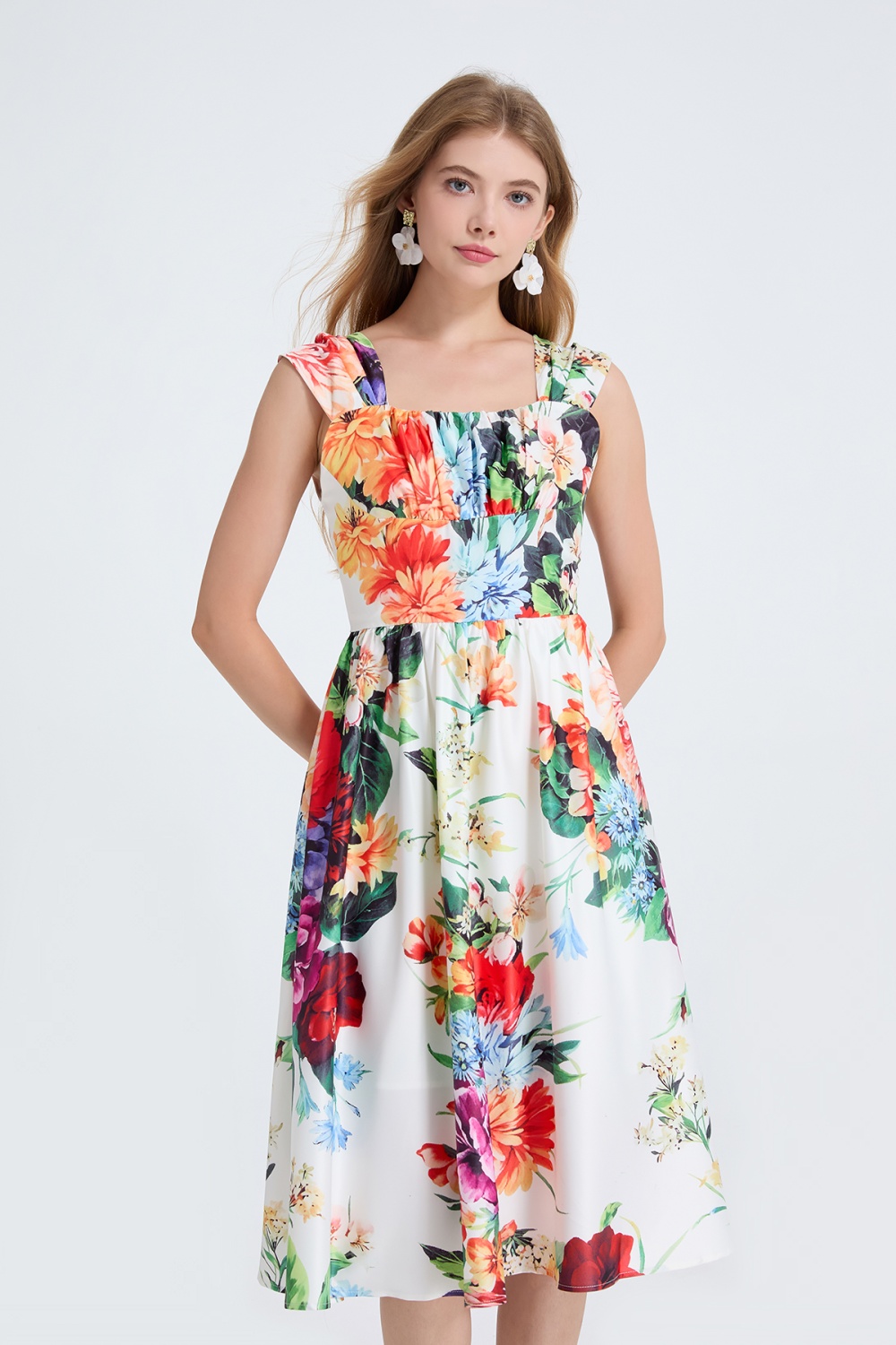 Slim high waist sling flowers square collar A-line dress