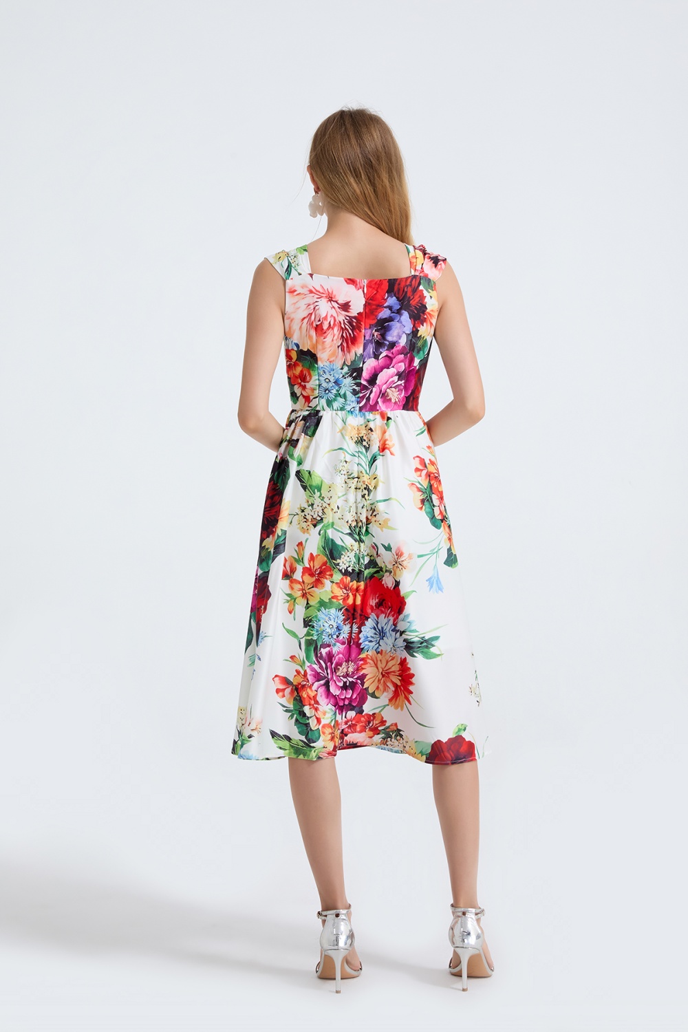 Slim high waist sling flowers square collar A-line dress