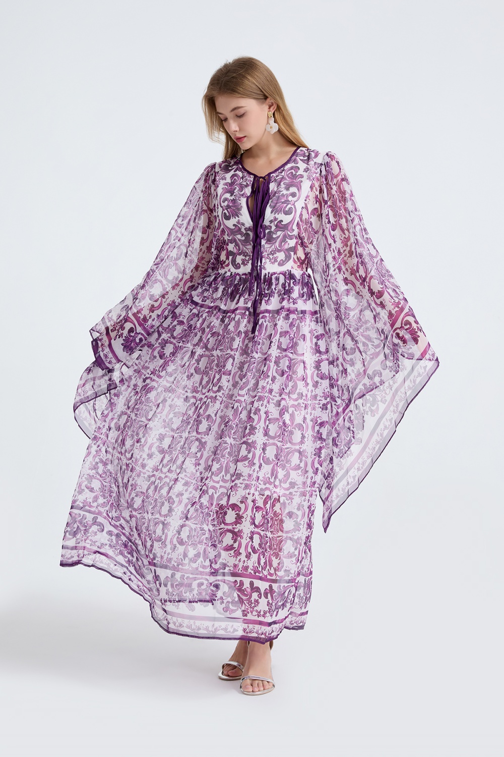 Retro speaker long dress bandage collar dress