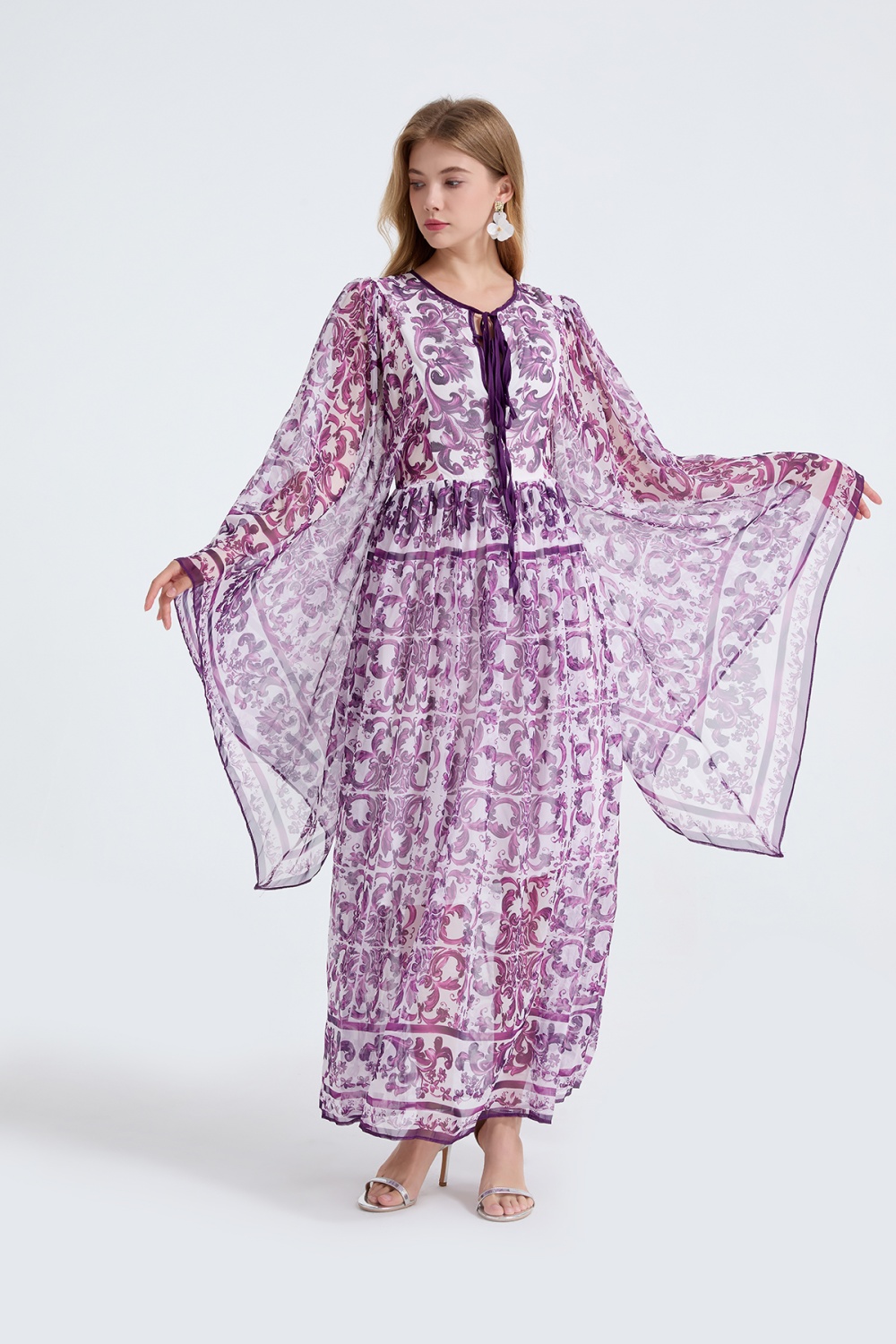 Retro speaker long dress bandage collar dress
