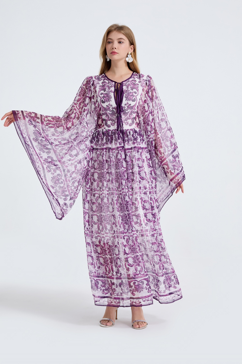 Retro speaker long dress bandage collar dress