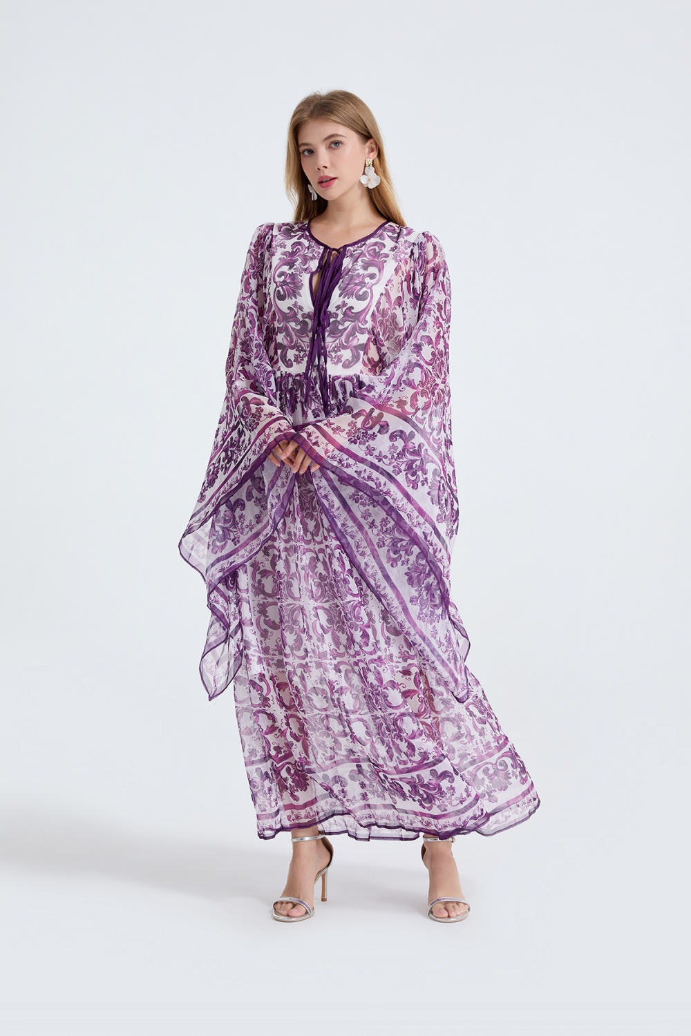 Retro speaker long dress bandage collar dress