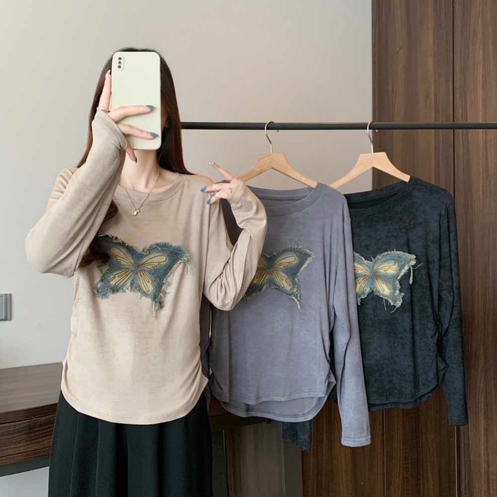 American style pinched waist tops autumn butterfly T-shirt