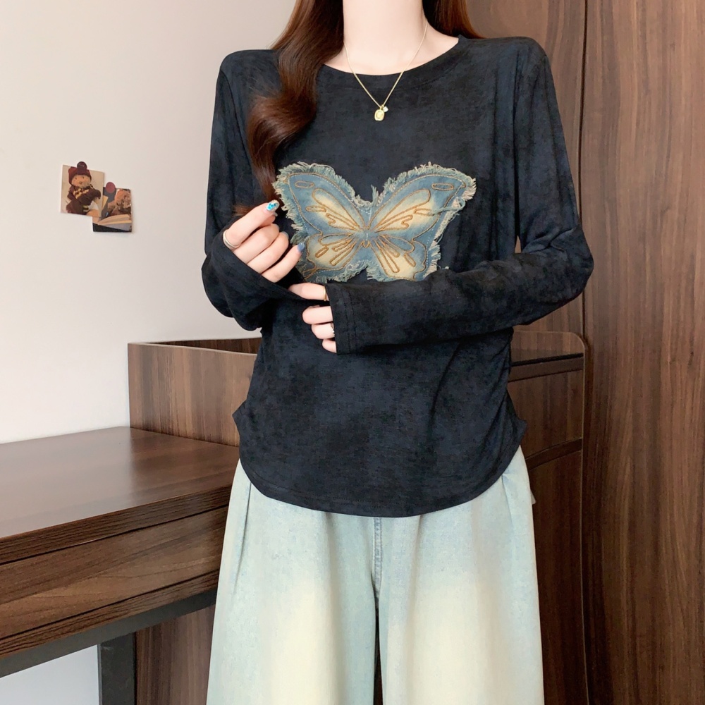 American style pinched waist tops autumn butterfly T-shirt