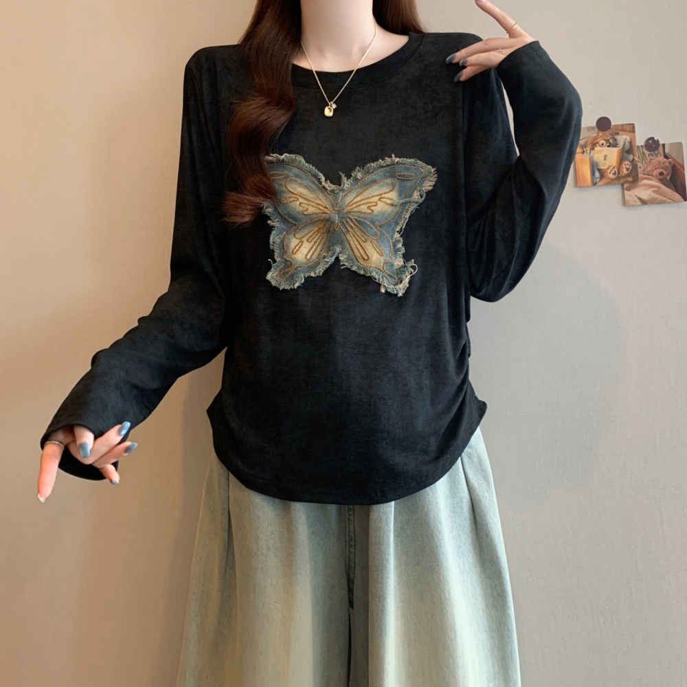 American style pinched waist tops autumn butterfly T-shirt