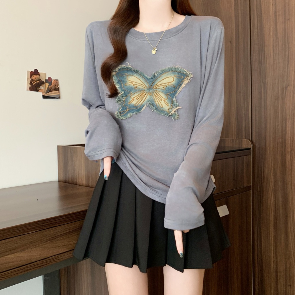 American style pinched waist tops autumn butterfly T-shirt