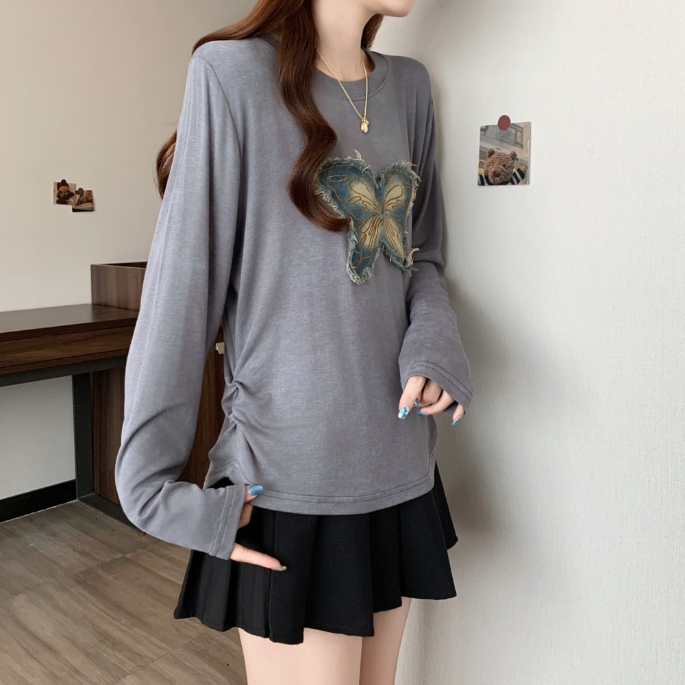 American style pinched waist tops autumn butterfly T-shirt