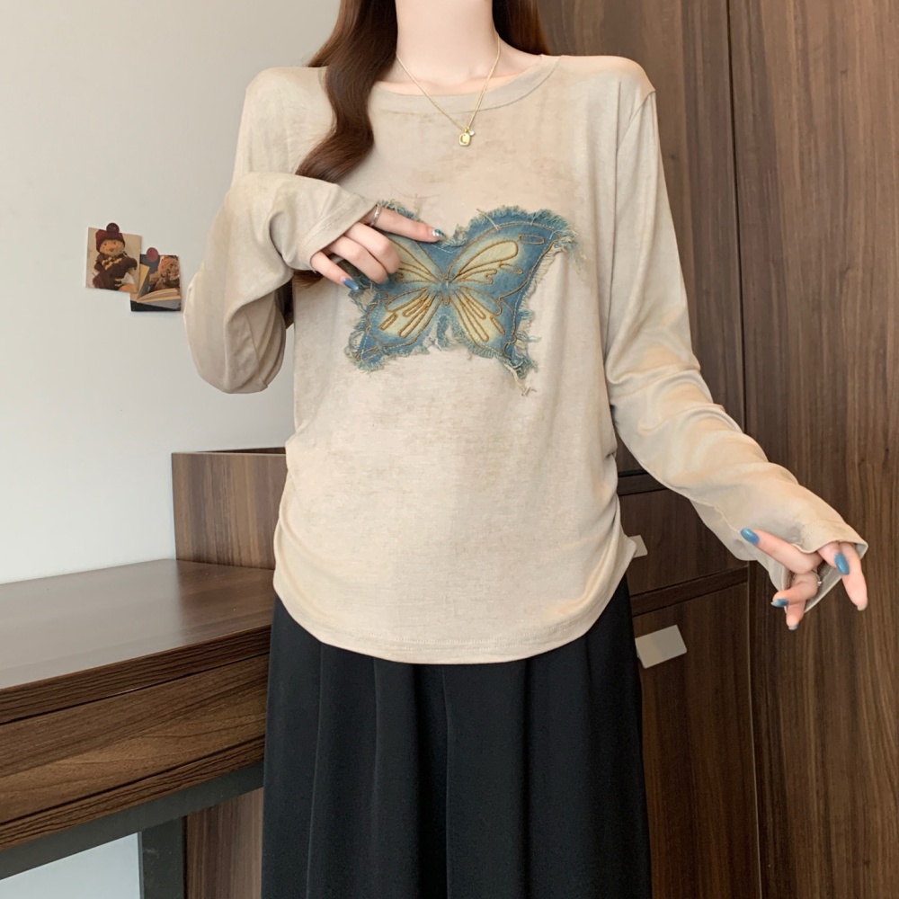 American style pinched waist tops autumn butterfly T-shirt